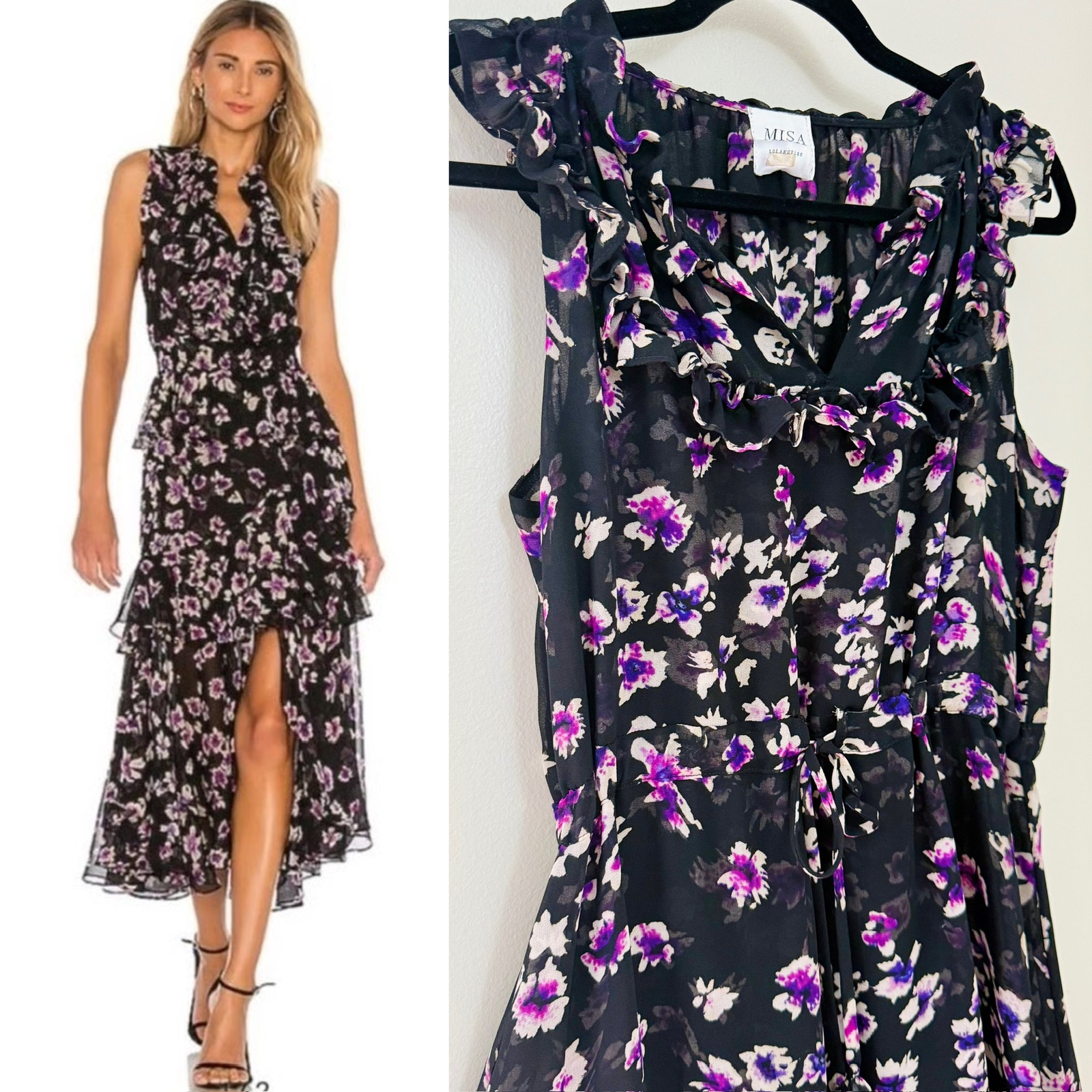 Misa Caterine Modern Bohemian Romantic Feminine Ruffle Black Floral Midi Dress M